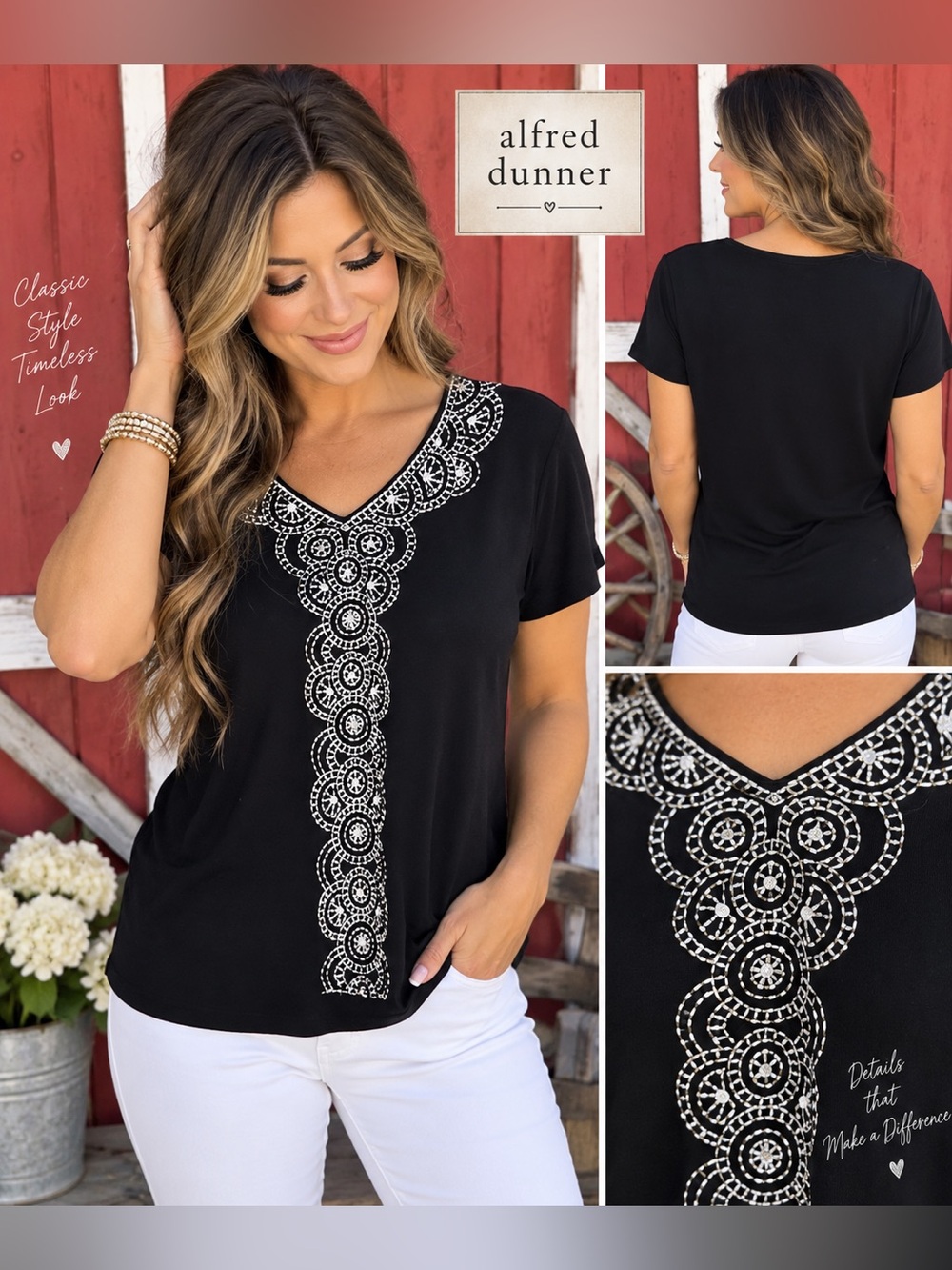 Alfred Dunner Black Embroidered Beaded Short Sleeve Top Size S Silver White